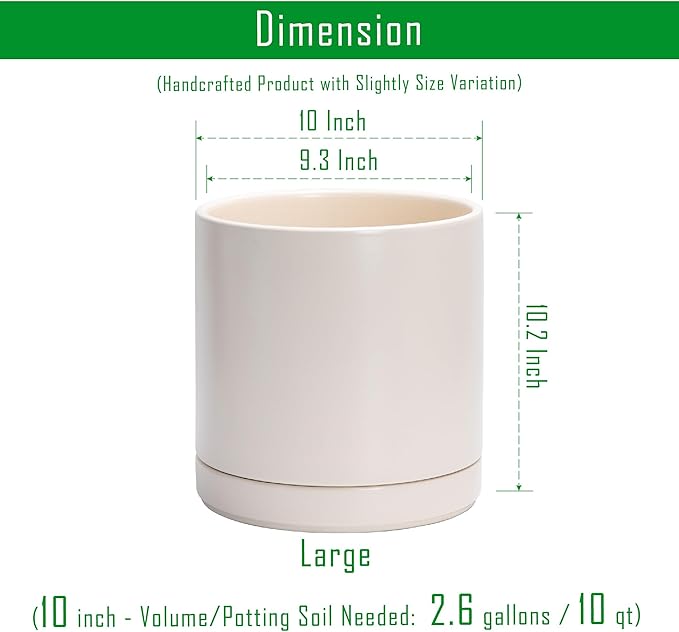 D'vine Dev 10 Inch Ceramic Planter Pot with Drainage Hole and Saucer, Indoor Cylinder Round Planter Pot, Oatmeal, 94-O-E-8