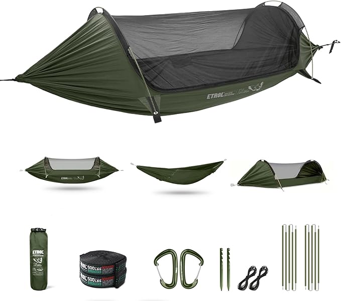 ETROL Camping Hammock with Mosquito Net,3 in 1 Function Parachute Portable Hammock,Double & Single Hammocks Tent for Travel Outdoor Indoor Hiking Patio - with Tree Straps,Carabiners,Aluminium Poles