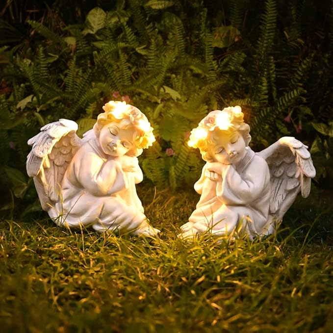 Angel Statue Garden Decor for Outside Solar Outdoor Decorations Patio Cherub Christmas Yard Porch Home Lawn Art Light up Figurine Memorial Sculpture Gift for Mom Mother Grandma