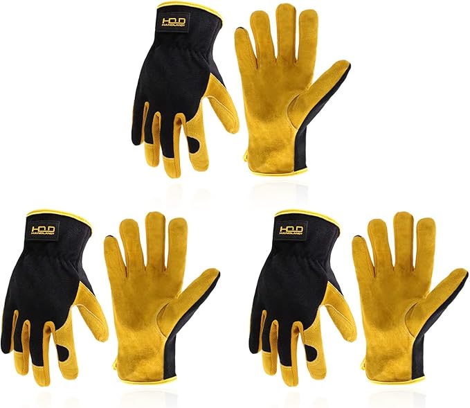 HANDLANDY Leather Work Gloves for Men & Women, Reinforced Durable Garden Gloves, Cowhide Working Glove for Gardening