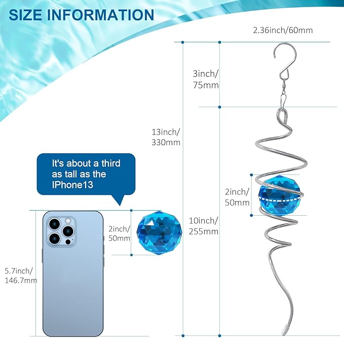 Gazing Ball Spiral Tail, Wind Spinner Spiral Peacock Blue Crystal Orb with Swivel Hook, Sun Catcher Rainbow Maker Hanging Decor for Yard Garden Rotating Art Ornaments Great Gifts 13" Height