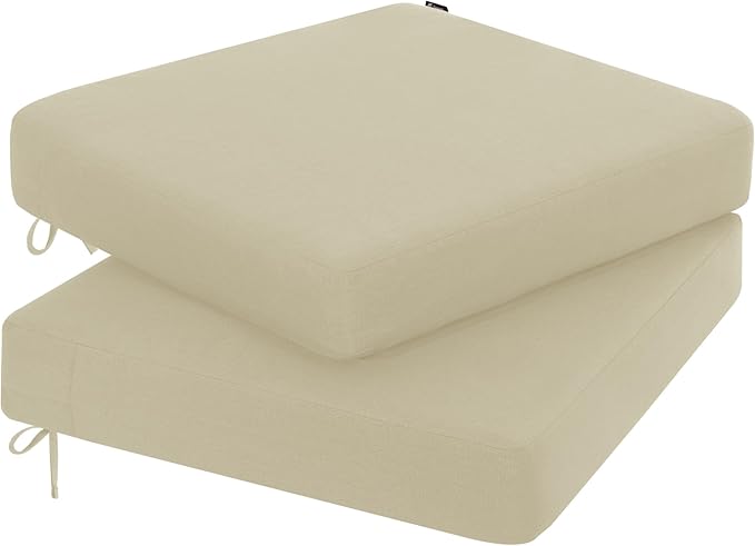 Favoyard Outdoor Chair Cushion 22 x 22 x 3 Inch Rainproof & 3-Year Fade Resistant Patio Furniture Cushions with Removable Cover and Adjustable Ties for Garden Sofa Couch Pads Set of 2, Beige