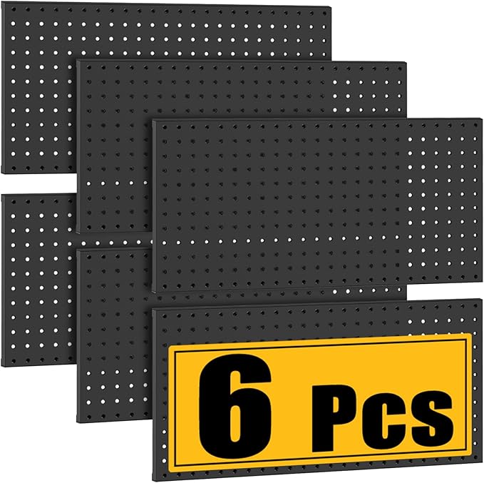 6 Pcs Metal Pegboard Panels, Heavy Duty Peg Boards for Garage and Garden Tool Storage, Includes Drywall Anchors and Screws Kits, Black