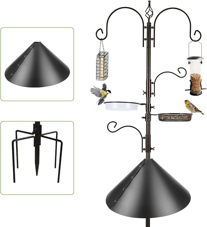 Deluxe Bird Feeding Station Kit - Wild Bird Feeder Hanging Pole With Multi Feeder, Suet Cage, Planter Hanger, and Squirrel Guard Baffle for Attracting Birds