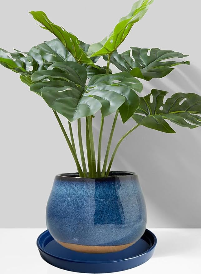 2 Pack Ceramic Plant Saucer Pot Tray 7 Inch, Planter Saucers 4 5 6 7 8 9 10 11 12 13 Inch for Indoors Outdoor, Durable Sturdy Flower Drainage drip Water Tray for Glazed Pots Base (7 Inch-Blue)