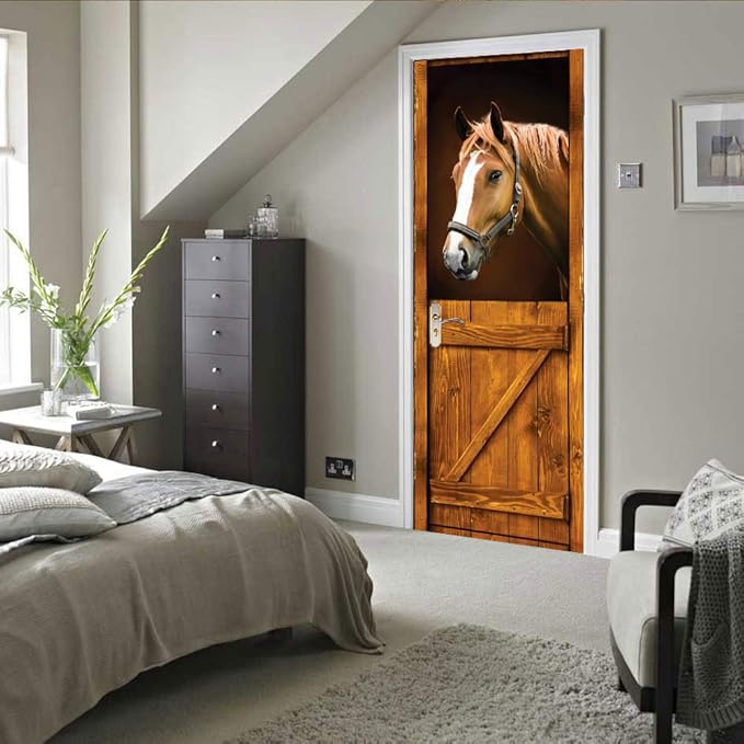 3D Horse Door Stickers Murals Peel and Stick - Self-Adhesive Wallpaper Decals, Removable PVC Waterproof Poster for Bedroom Living Room 37.4" x 78.7"