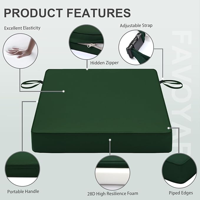 Favoyard Patio Chair Cushions 19 x 19 x 3 Inch Waterproof Outdoor Seat Cushions for Patio Furniture 3-Year Color Fastness Garden Sofa Couch Chair Pads with Handle & Adjustable Straps Set of 2, Green
