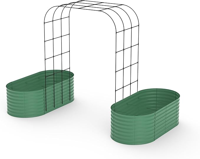 Galvanized Raised Garden Bed with 96" Tall Vertical Arch Trellis – Expandable Rust-Resistant Planter Box for Outdoor Plants, Flowers, Herbs & Vines – Includes Plant Clips, Drainage Netting,Green