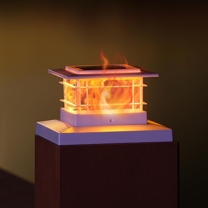 Dynaming 2 Pack Solar Flame Post Lights Outdoor, Solar Powered Fence Post White Shell Cap Light, High Brightness Flickering Flame LED Lighting for Garden Deck Patio, Fit 4x4 5x5 6x6 Vinyl/Wooden Posts