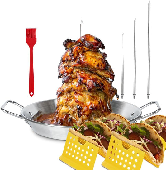 13 inch Vertical Skewer Pan Stainless Steel Gyro Spit Shawarma Stand for oven, Al Pastor Skewer for Grill, El Pastor Hack for Tacos Al Pastor Chicken, Brazilian, with 8",10",12" stick