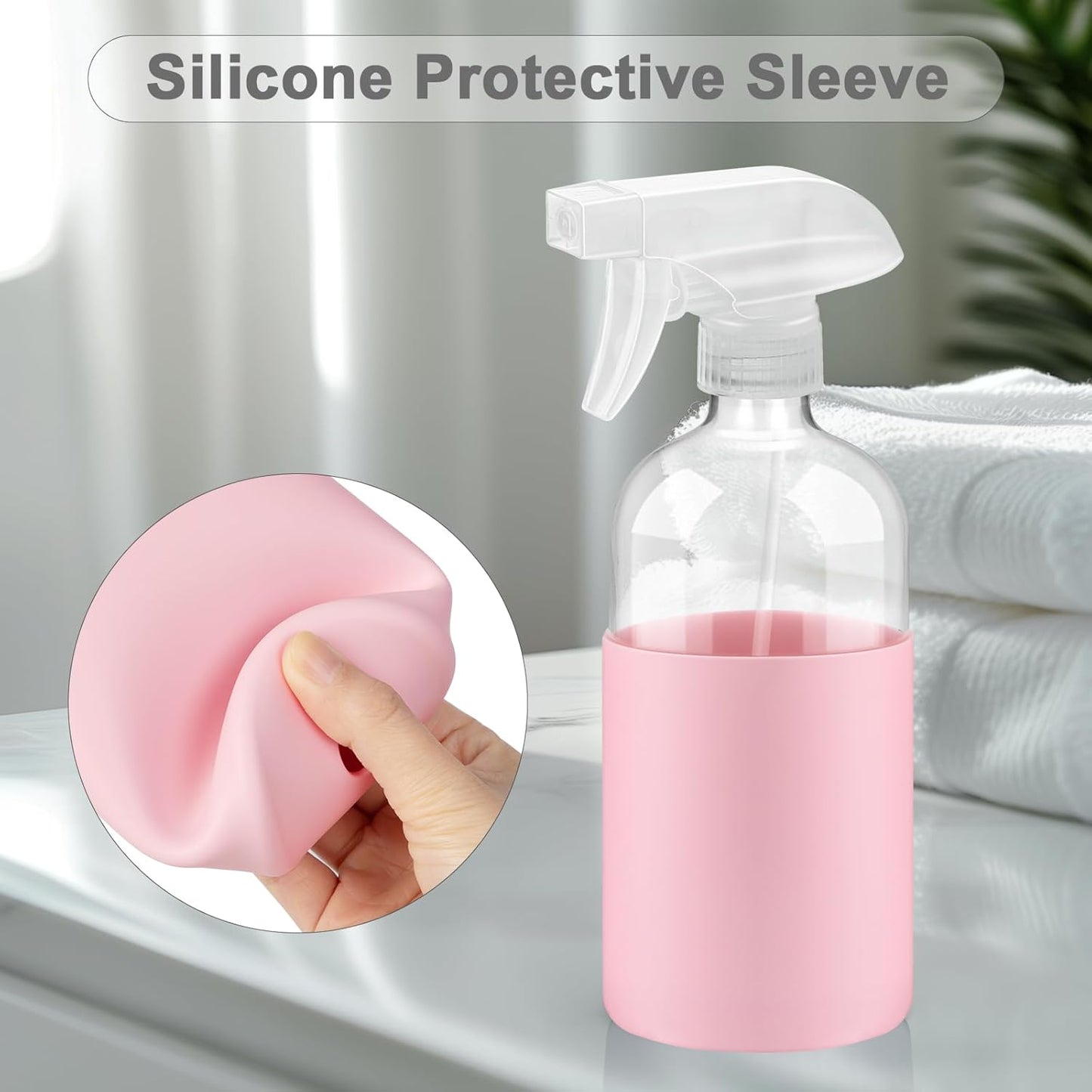 2 Pack Glass Spray Bottles with Long Silicone Sleeve, 16 oz Empty Refillable Containers with Adjustable Spray Nozzles, Spray Bottles for Hair, Cleaning Solutions and Plants Pink