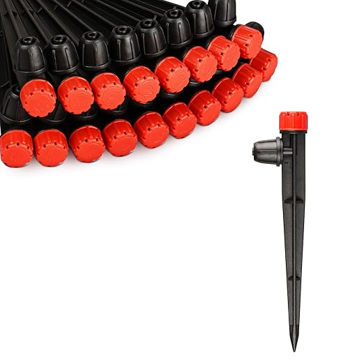 360 Degree Drip Irrigation Emitters Fittings: Adjustable Drip Irrigation Sprayer for 1/4 inch Drip Irrigation Tubing 8 Stream Dripper on 5" Arrow Stake with Barbed Locked Nut (50 Pieces)