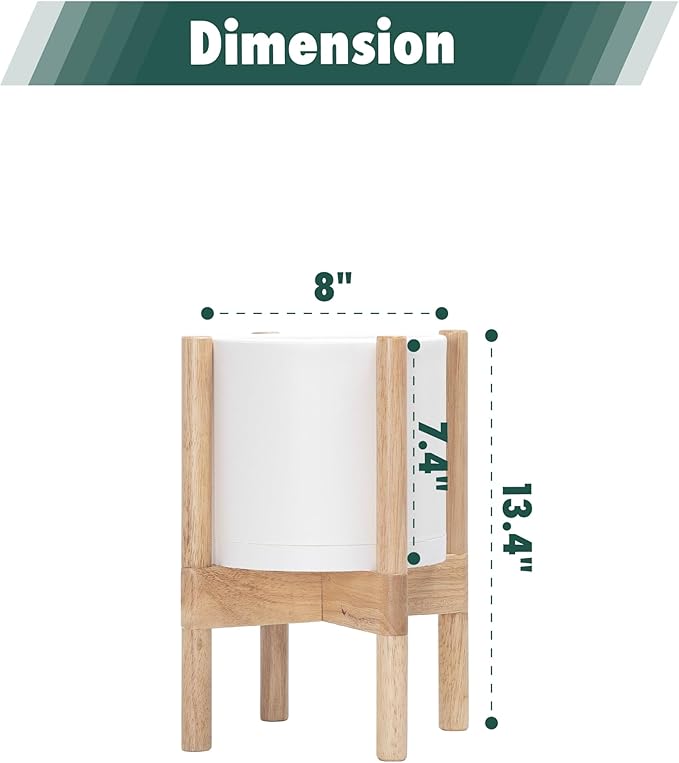 D'vine Dev Planter Pot with Stand - 8 Inch Plastic Cylinder Flower Pot with Wood Planter Holder for Indoor, Matte White Pot + Natural Stand, 55-C-J-1