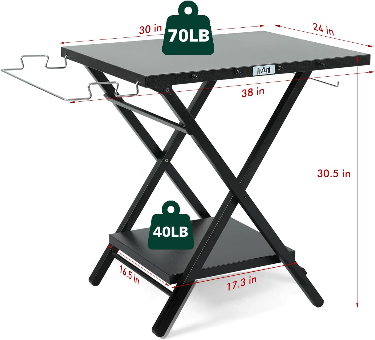 Folding Grill Table with Extra Storage Bottom Shelf, Indoor & Outdoor Prep Table with Garage Rack & Tissue Holder, Pizza Oven Stand for Pizza Oven & Blackstone Griddle, 30" x 24", Black
