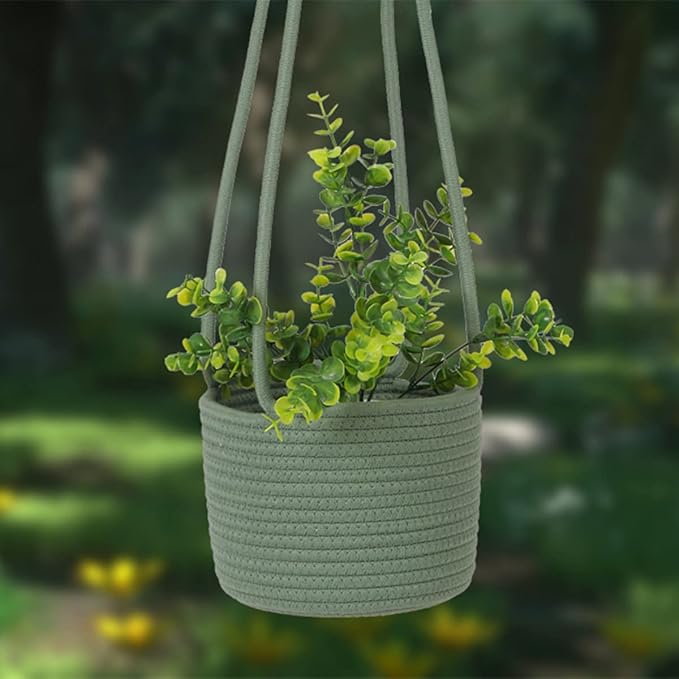 Hanging Planter Basket Jute Rope Woven Plant Hangers Indoor Hanging Plant Holder Up to 7" Pot Macrame Modern Storage Organizer Home Decor (Green)