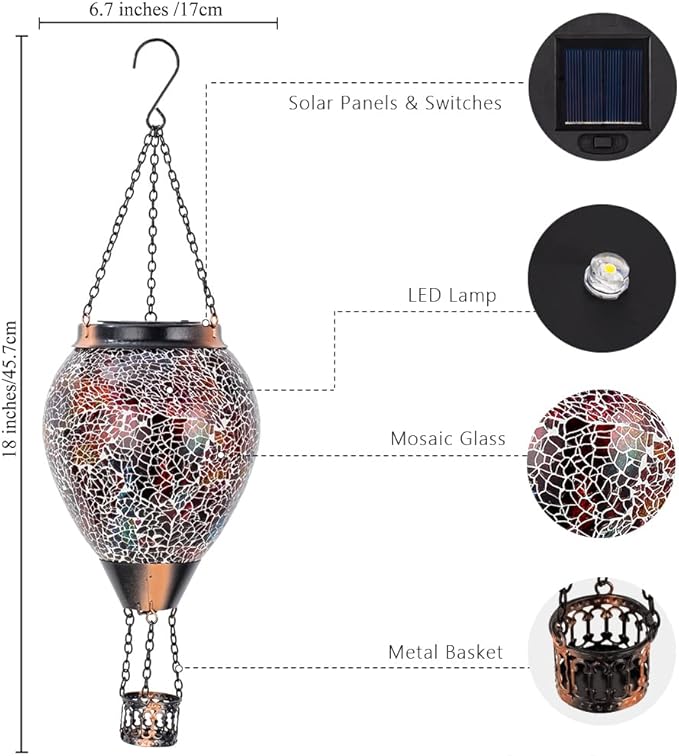 DREAMSOUL Mosaic Hot Air Balloon Solar Lantern with LED Light, Hanging Glass Solar Lanterns Outdoor Waterproof for Garden Patio Porch Decor