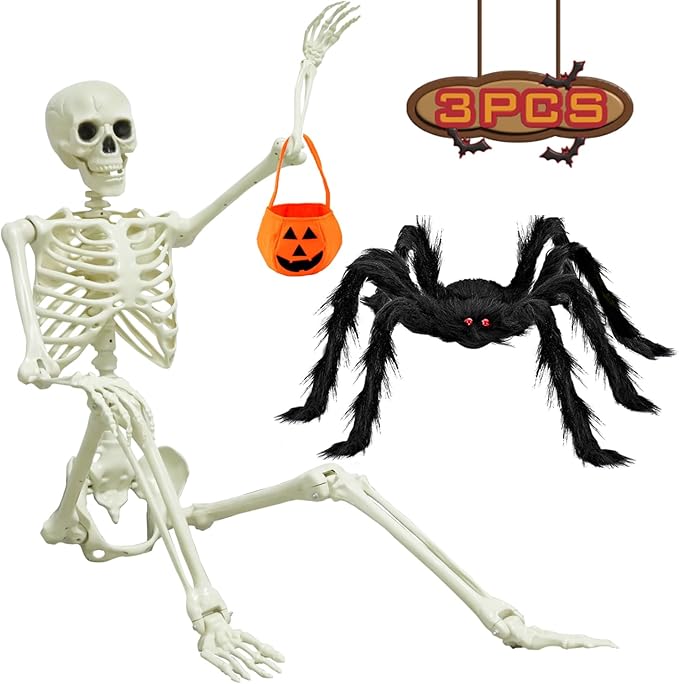 DINESIL 5.4ft/165cm Halloween Skeleton, Halloween Life Size Skeleton with Spider Pumpkin Bag, Full Body Human Bones with Movable Joints for Halloween Indoor Outdoor Haunted House Decorations