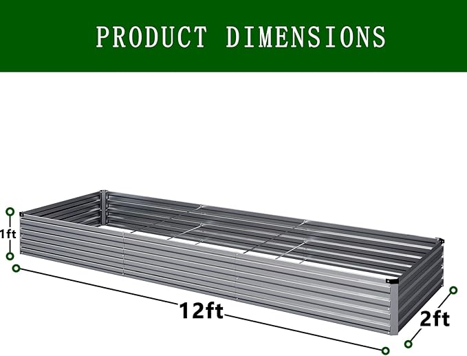 Galvanized Raised Garden Bed,2 Pcs 12×2×1FT Metal Planting Box for Outdoor Vegetable, Herb,Planter Gardening (Silver)
