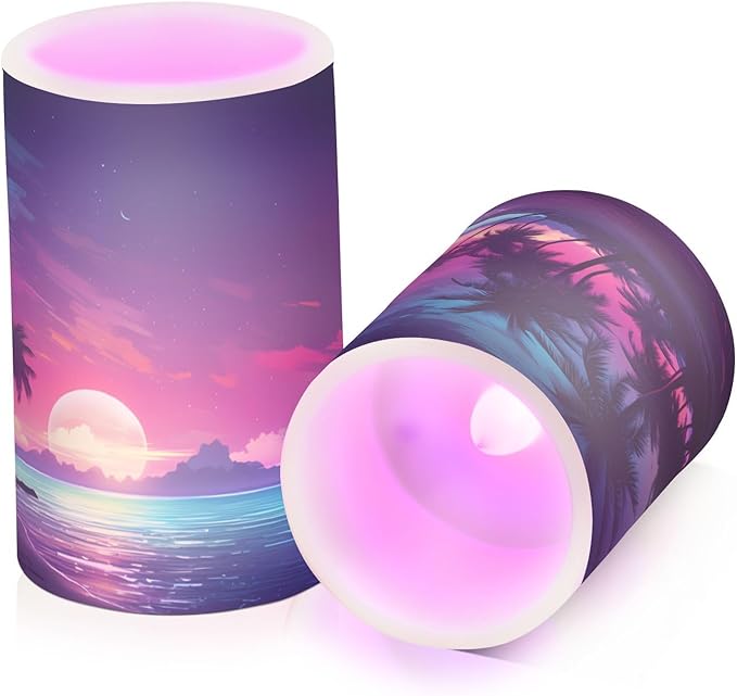 Flickering Flameless Candles, Palm Tree Beach Tropical LED Candles with Remote Timer, Set of 2 Battery Operated Candle for Valentine Wedding Birthday