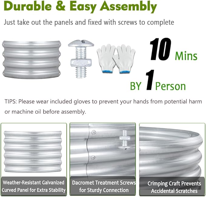 FORTUNO 2 Pcs 2 Ft Round Raised Garden Bed Box Galvanized Metal Outdoor Flower Bed Steel Patio Ground Planter for Planting Vegetables and Herbs, Silver