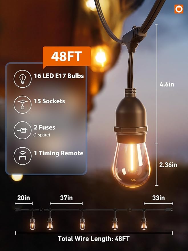 addlon Outdoor String Lights Timer Control, 48FT LED Patio Light with Edison Vintage Shatterproof Bulbs and Commercial Grade Weatherproof Strand - ETL Listed Heavy-Duty Decorative Lighting