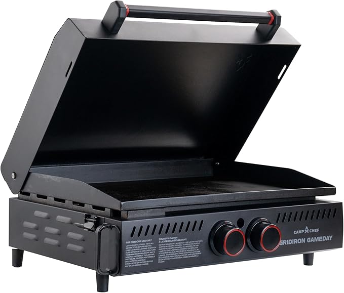 Gridiron Gameday 24" Flat Top Grill – Portable Tabletop Griddle with Hinged Lid, 24,000 BTUs, Flamethrower Ignition, Dual Heat Zones & Adjustable Legs for Tailgating, Camping, Outdoor Cooking