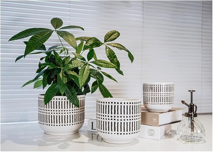 Docrin Plant Pots Ceramic: 6.5+5.3+4 Inch Flower Pots with Drainage Holes for Home/Office - Set of 3/White and Black