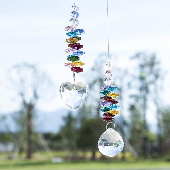 H&D HYALINE & DORA Hanging Crystal Suncatcher Rainbow Maker with Heart Prism Pendant and Crystal Prism Ball and Chakra Colored Beads,for Window Decor,Pack of 2