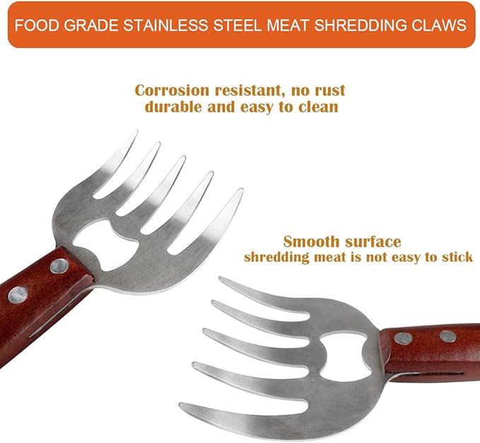 AIYUE Meat Shredding Claws Stainless Steel Pulled Pork Shredder Meat Claws for BBQ Shredding Pulling Handing Lifting & Serving Pork Turkey Chicken with Long Wood Handle (2 PCS,BPA Free)