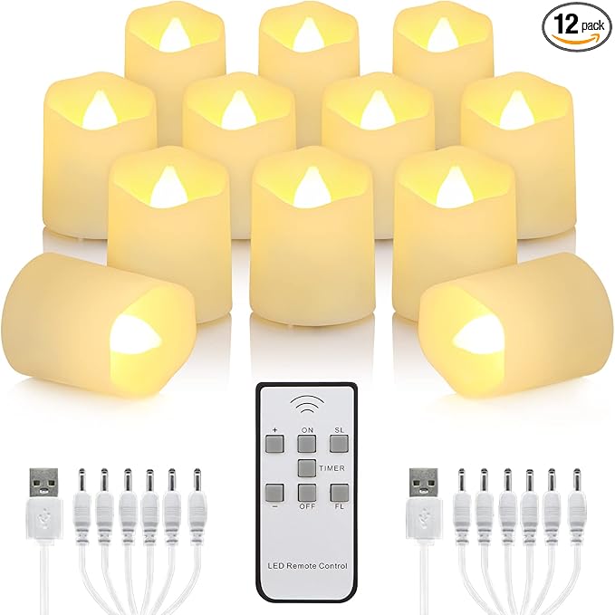 12 PCS Rechargeable Candles Flameless Tea Lights with Remote, USB LED Tealights with Timer Flickering Fake Candle, Votive Tea Light for Halloween, Holiday, Christmas, Party, Home Decorations
