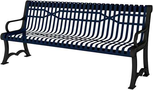 Heavy-Duty Outdoor Bench Thermoplastic Coated, Slatted Steel, Commercial-Grade Garden Bench, Made in America (Portable with Back, 4 Ft, Textured Dark Blue)