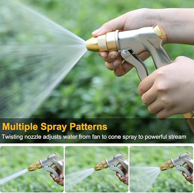 FANHAO Garden Hose Nozzle with Brass Tip, 100% Heavy Duty Metal Spray Nozzle High Pressure Water Nozzle with Adjustable Spray Patterns for Watering Plants, Washing Cars and Showering Pets
