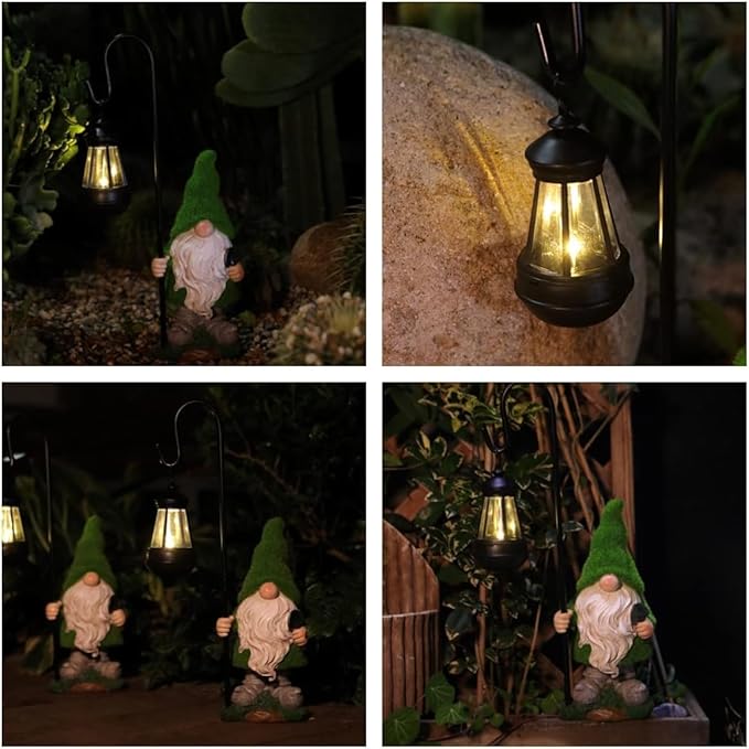 Flocked Solar Garden Gnomes Outdoor Statues-15.8”Outdoor Garden Decor-LED Outdoor Decor Light-Unique Housewarming Gifts Yard Art Sculptures for Patio Lawn Ornaments