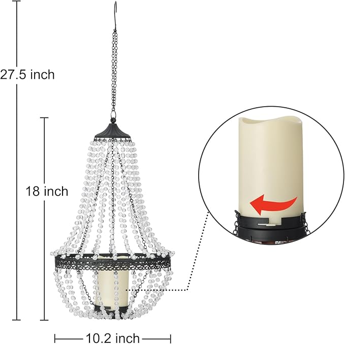 Hanging Candle Chandelier Outdoor, Battery Operated Clear Acrylic Beaded Chandelier with Flickering Led Candle Light S Hooks Modern Lantern for Garden Yard Patio Gazebo Room Indoor Decorations, 27”H