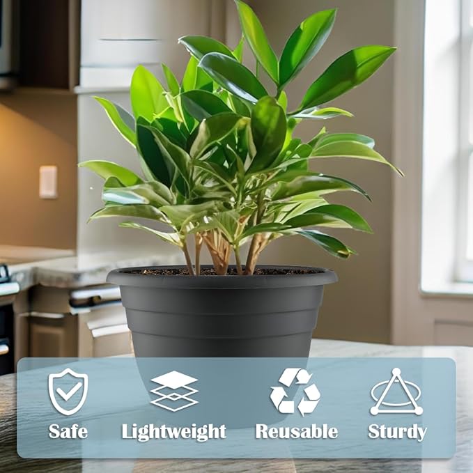 11 Inch Plant Pots, 3 Pack Planters for Indoor Ourdoor Plants, Round Plastic Flower Pots, Large Planters with Drainage Hole and Plug, Gray