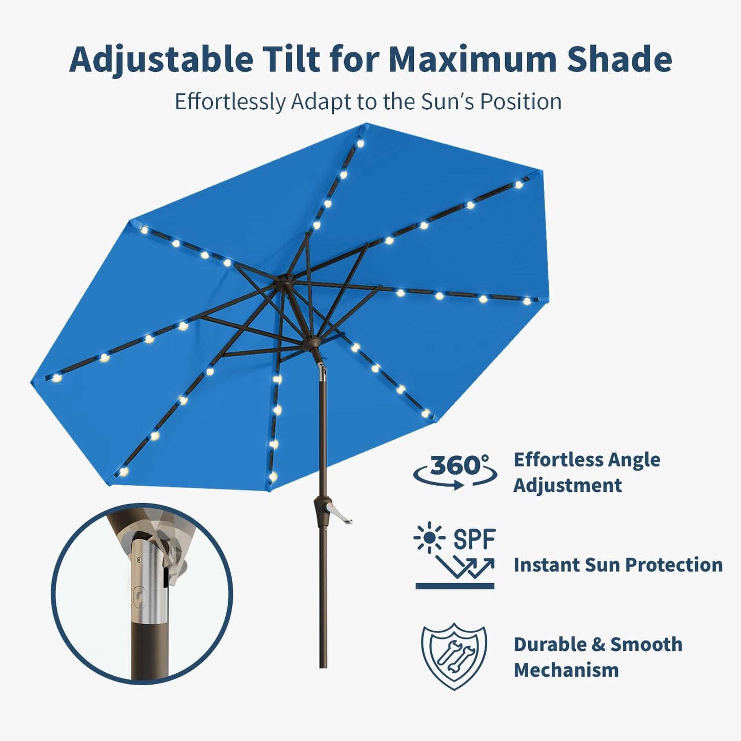 10FT Solar Umbrella 32 LED Lighted Patio Umbrella Table Market Umbrella w/Tilt and Crank, UV-Resistant Outdoor Umbrella for Pool, Garden, Deck, Royal Blue