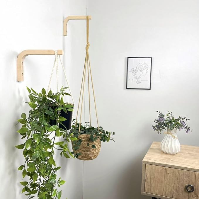 2-Piece Set of Plant Hooks for Wall 6 inch - Mounted Wooden Plant Hook - Indoor and Outdoor Bracket Plant Hanger for Planters, Lanterns, Bird Feeders, Patio Decorations (Natural)