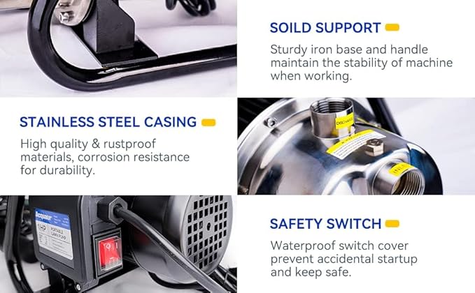 Acquaer 1 HP Portable Shallow Well Garden Pump, Stainless Steel, 998 GPH, 115V Sprinkler Water Transfer Draining Irrigation Pump for Water Removal/Lawn Garden