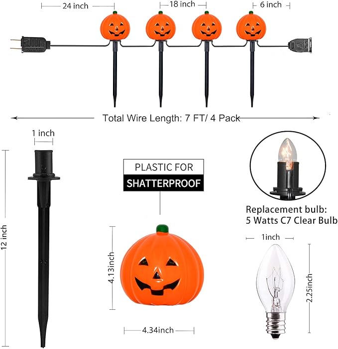 Halloween Pumpkin Pathway Markers Lights Outdoor, 7Ft Connectable C7 Halloween Decorations Pathway String Lights with 4 Pumpkin Stakes Lights for Outdoor Garden Walkway Yard Driveway Lawn Party Decor