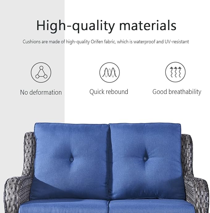 5 Piece Outdoor Patio Furniture Set - Wicker Furniture Patio Conversation Set, Outdoor Swivel Rocker Chairs with Loveseat Sofa and 2 Ottomans for Small Space, Blue Cushion