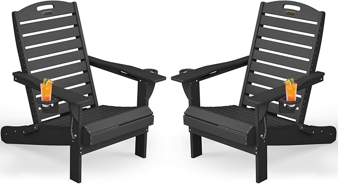 Adirondack Chairs Set of 2, Outdoor Fire Pit Chairs, HDPE All-Weather Adirondack Chairs with Cup Holder, Lawn Chair for Deck, Patio, Garden (Black)
