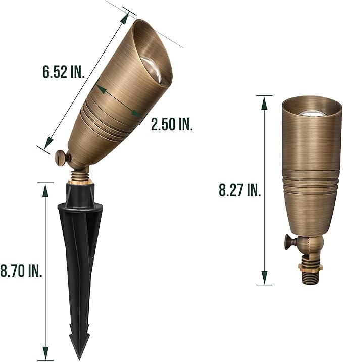 GKOLED 6 Pack Solid Brass Landscape Spotlight, 12V AC/DC Outdoor Low Voltage Landscape Lights, Garden Patio Trees Spot Up Light, Directional LED Uplight Waterproof Fixture with ABS Spike, No MR16 Bulb