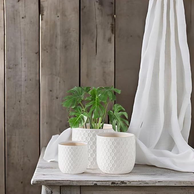 Docrin Ceramic Plant Pots Indoor: 6.5+5.3+4 Inch Planters with Drainage Holes for Home/Office - Set of 3 / White Honeycomb