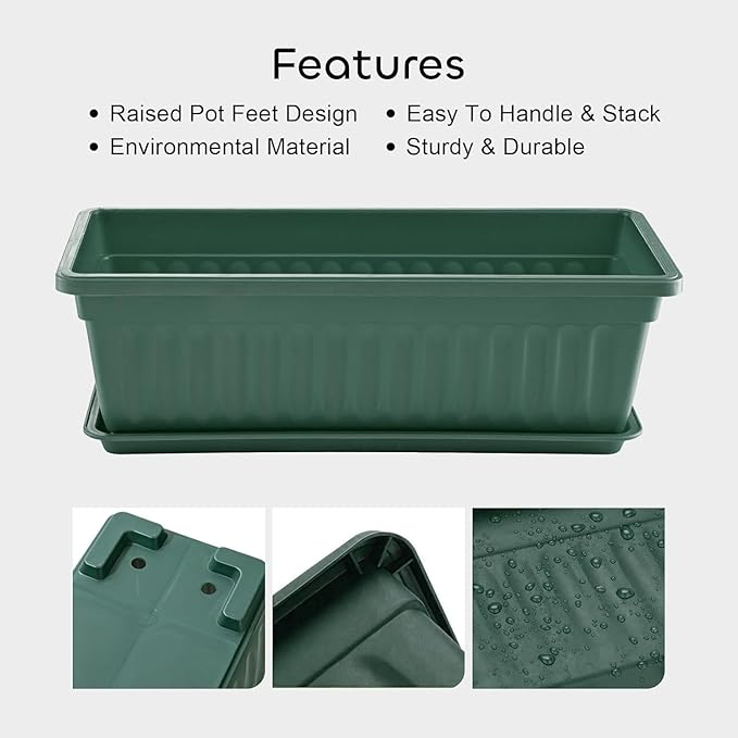 GROWNEER 3 Packs 17 Inches Green Flower Window Box Plastic Vegetable Planters Long Pots with 15 Pcs Plant Labels for Outdoor Indoor Windowsill Patio Garden Home Decor Porch