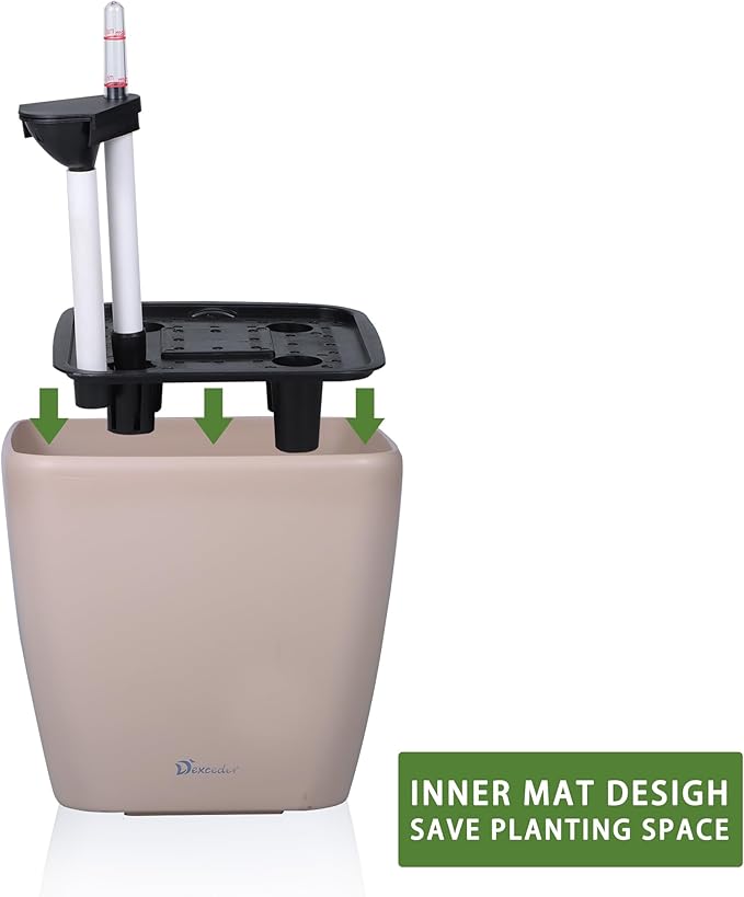 Dexceder 18x17 Self Watering Planter with Wheels Indoor Outdoor, Inner Mat Design, Thickened Large Floor Standing Flower Plant Pot with Water Level Indicator (Taupe Matte)