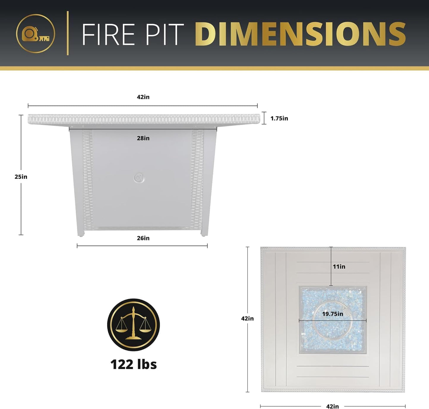 42 Inch Outdoor Propane Fire Pit, 50,000 BTU Gas Fire Pit Table with Lid, Wind Guard, Cover, and Glass Stones, Brown Squre Rattan Gas Firepit Table for Patio, Terrace, Garden, CSA Certification