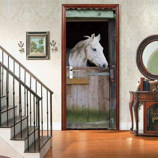 Horse 3D Door Stickers Murals - Peel & Stick - Waterproof & Washable - Matt Finish - Rustic Brown - Door & Wall - 33.9" x 78.7"