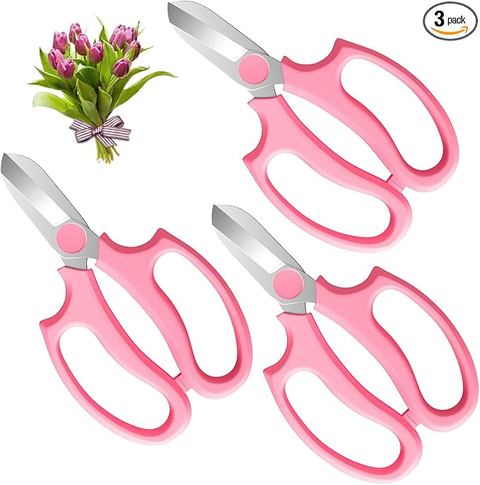Flower Scissors, Strong Floral Shears,3PCS Premium Steel Garden Pruning Shears Floral Fruits Leaf Scissors Hand Pruner Snip Trimming Tool for Gardening Flower Arrangement, Pink