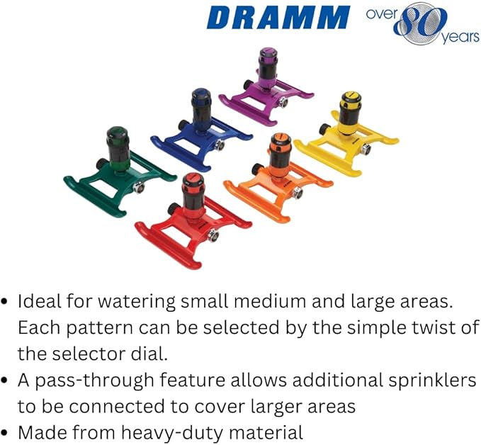 Dramm ColorStorm Gear Drive Sprinkler on Heavy Duty,Durable Metal Base, 4 Patterns, Ideal for Small, Medium & Large Areas with Pass Through Feature, Berry, 40 Foot Diameter
