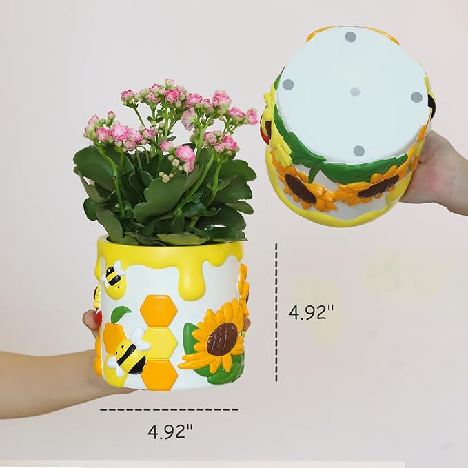 GUGUGO Colorful Bees and Sunflowers Plant Pots, Cute Unique Succulent Planters with Drainage, Rainbow Small Mushrooms Flower Planters Pots for Indoor Plants, Funny Eclectic Home Decor, Pink